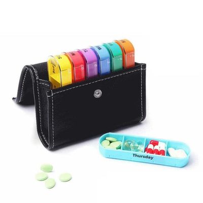 Hot selling  7 day 28 case colored pill box organizer in PU leather bag Weekly Large Travel Pill Organizer 4 Time a Day
