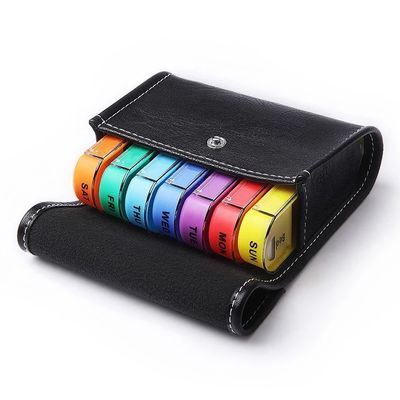 Hot selling  7 day 28 case colored pill box organizer in PU leather bag Weekly Large Travel Pill Organizer 4 Time a Day