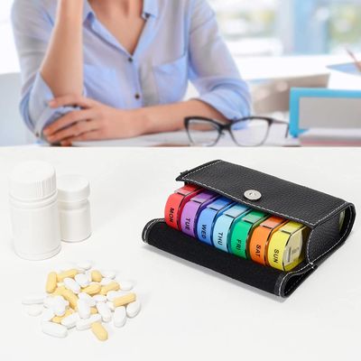Pill Organizer Box Cute Travel Weekly Pill Box Medication Reminder Daily AM PM, Day Night 7 Compartments-Includes Black Leather